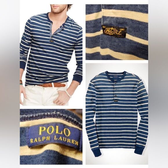 Polo Ralph Lauren Striped Indigo Dyed Henley Shirt - Picture 3 of 5